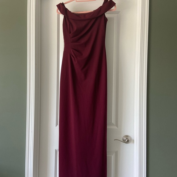 David’s Bridal Off the Shoulder Stretch Crepe Ruched Bridesmaid Dress - Cabarnet - Picture 4 of 7